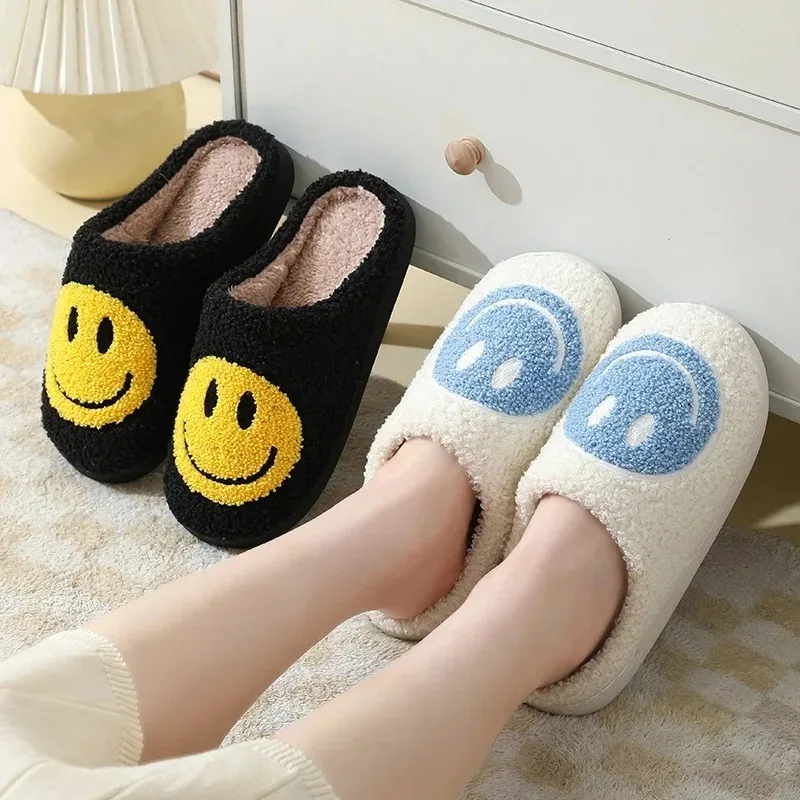 

Smiling face autumn/winter furry couple cotton slippers women's bags cute thick soles cartoon anti slip interior for home use