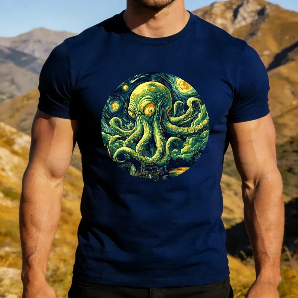 Cthulhu Van Gogh Starry Night Creative Design TShirt Men Cotton Short Sleeve Retro Art Lover Casual Daily Outfit Cthulhu Shirt
