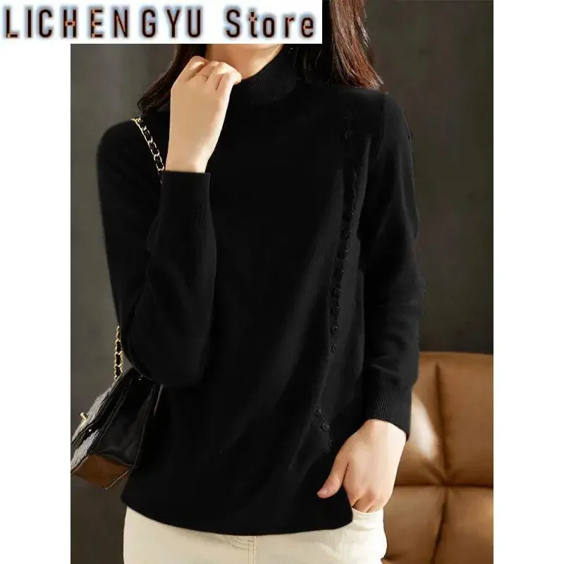 

New Autumn and Winter Fashion Lazy Style Solid Color Splice Half High Neck Loose Versatile Western Style Slim Women's Sweater