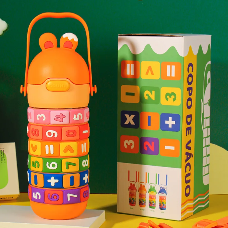 Children's Math Toy Stainless Steel Water Bottle Cute Thermo Stainless Steel Water Bottle with Strap and Straw
