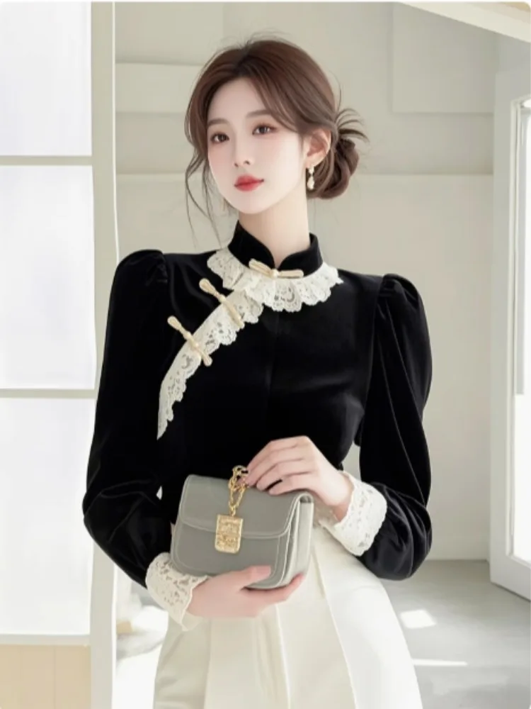 

Ele Bla Velvet Lace Patchwork Women's Top Sli Unique Beautiful irt Retro Fit Long Sve High Collar Winter New