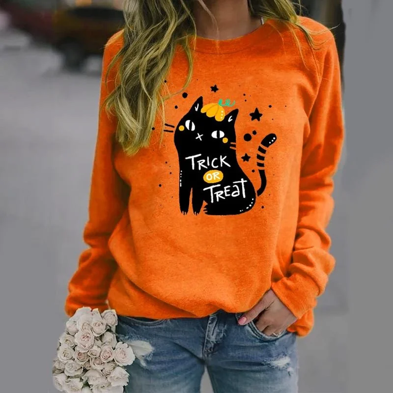 New fashion Halloween cat trick-or-treating printed pullover creative personality sweater loose casual women\'s clothing