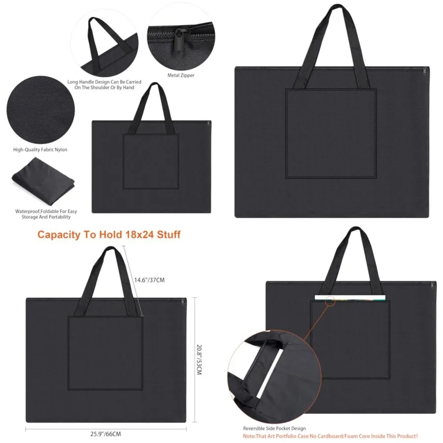 1 paquete de bolsa de portafolio de arte, estuche de portafolio de arte ligero de nailon, apto para obras de arte de 18x24 pulgadas, almacenamiento de transporte negro