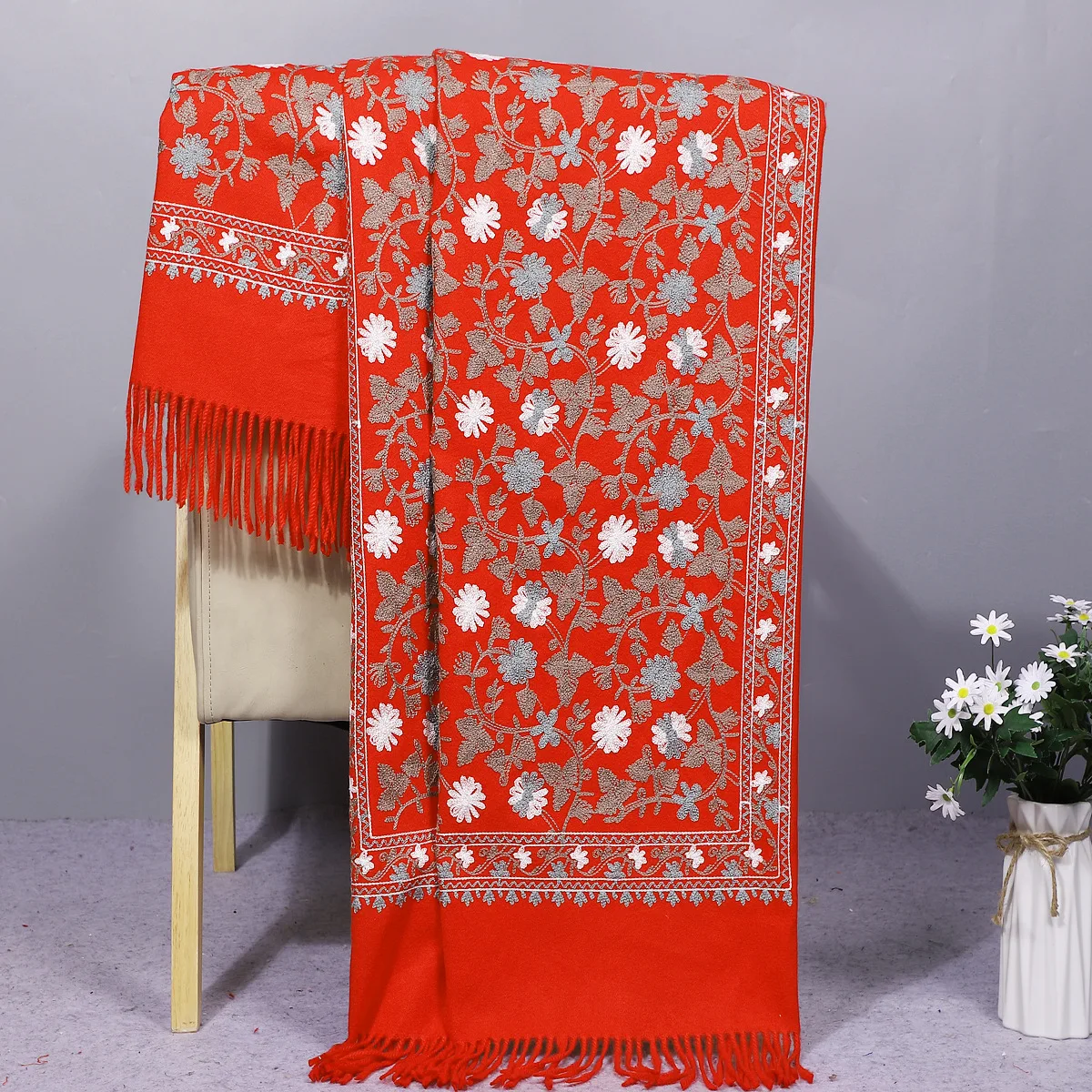 Ethnic Style Embroidery New Autumn And Winter Nursery Knitted Imitation Cashmere Scarf Women's Thick Cashew Flower Shawl