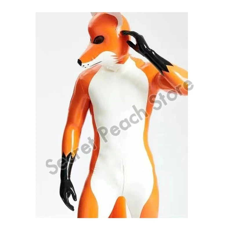 Men Latex Catsuit Cosplay Fox Suit Tail Inflatable Rubber Suit With Fox Hood Customizable size and zipper