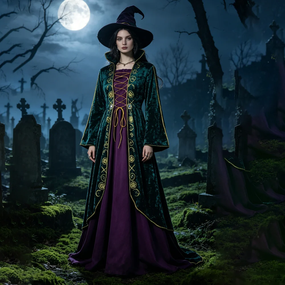 Mittelalterliches Gothisches Hexenkostüm für Frauen, Samtkleid mit Goldenen Mondrunen, Halloween-Cosplay-Outfit für Partys