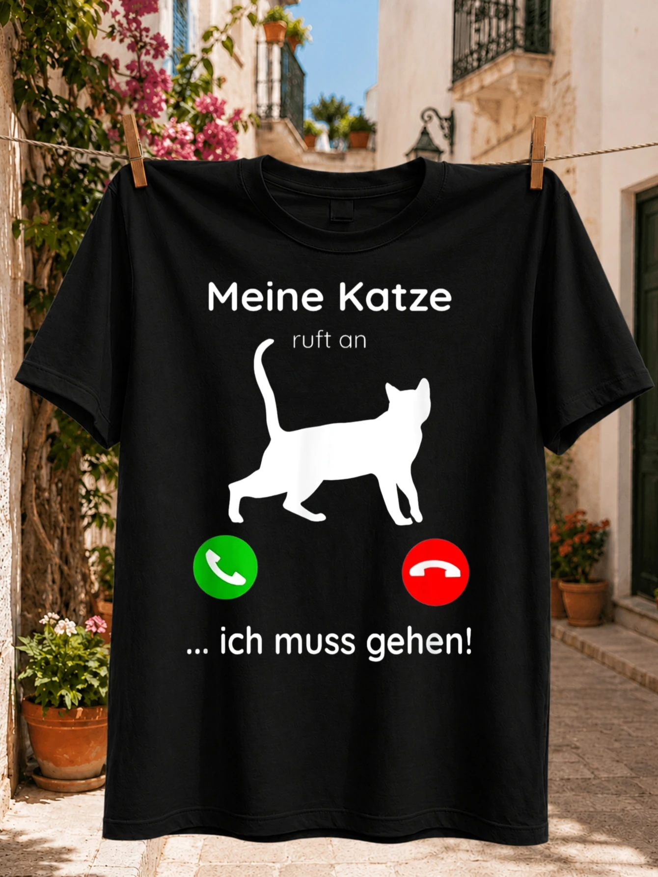 My Cat Is Calling I Have to Go Graphic walking cat silhouette with green accept and red decline  Unisex All T-Shirt