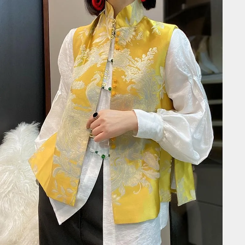 Haut à col montant de style chinois pour femmes, haut en fibre améliorée, imprimé national, fente latérale, vêtements pour femmes, nouveau