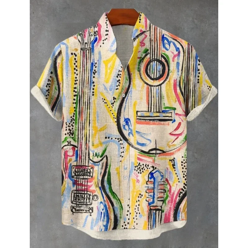 Men's Sun Mythology Art Print Linen Blend Shirt Harajuku Retro Cassette Tape Summer Blouses Stand Collar Hawaiian Shirt Clothing