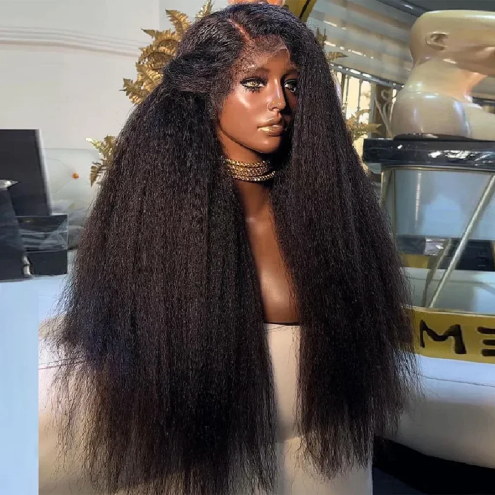 Pelucas delanteras de encaje largo prearrancado Yaki suave negro Natural de 26 pulgadas 180 de densidad para mujeres pelo de bebé rizado sin pegamento buena textura