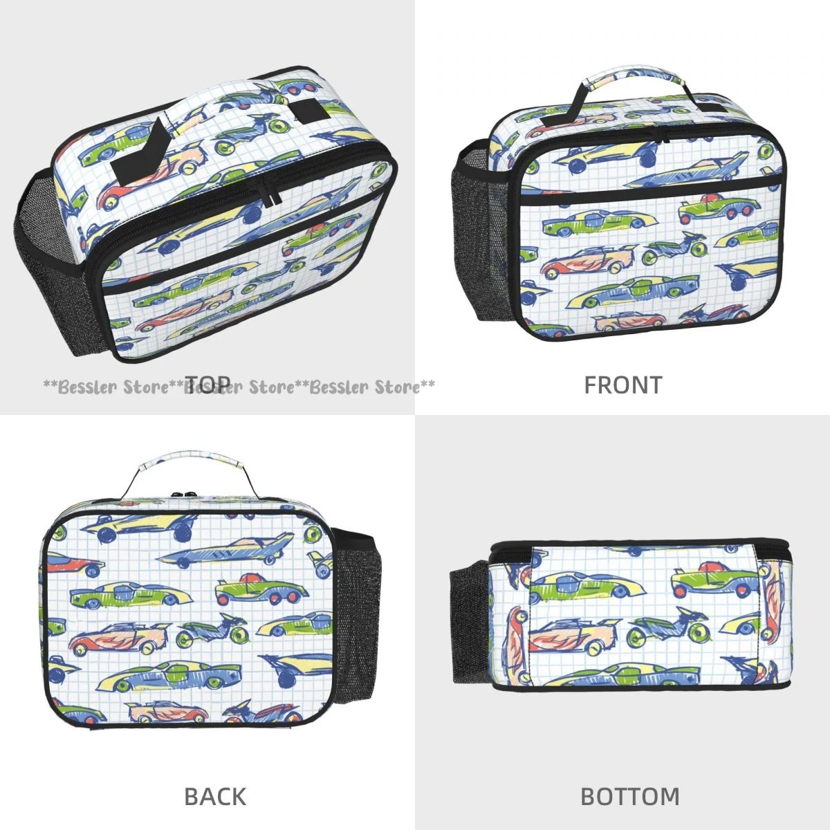 Cute Car School Collection Cartoon Cars Tote Lunch Bag Insulated Cooler Bag Easy Clean Food Handbag for Daily Travel Picnic