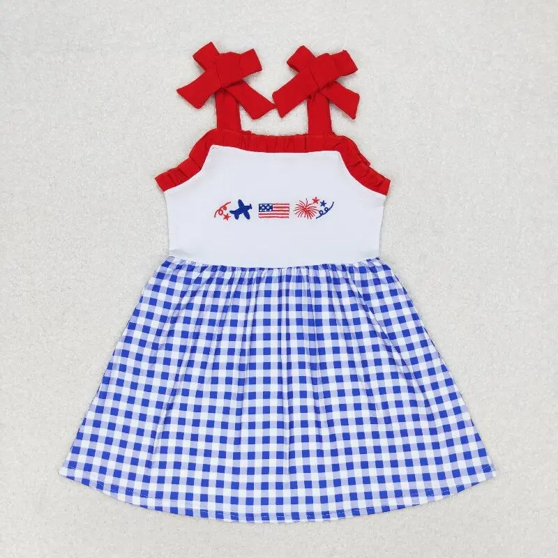 In Stock Embroidered national flag Girls 4th of July Knee Length Dress Wholesale Toddlers Boutique High Quality Fashion Clothes
