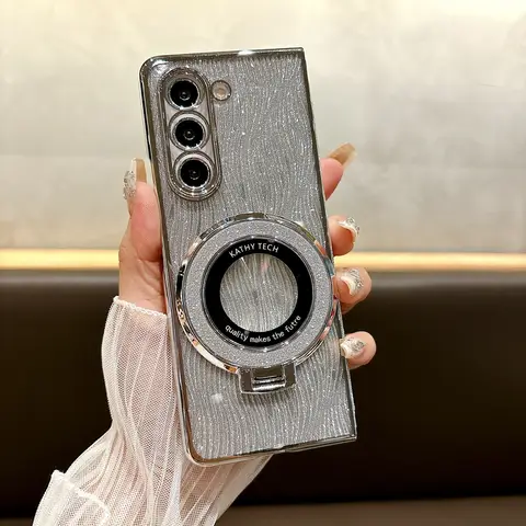 삼성 갤럭시 Z 폴드 6 5 4 3 Fold6 Fold5 Fold4 Fold3 자기 충격 방지 커버에 대한 링 전기 도금 스파클링 전화 케이스 Best5