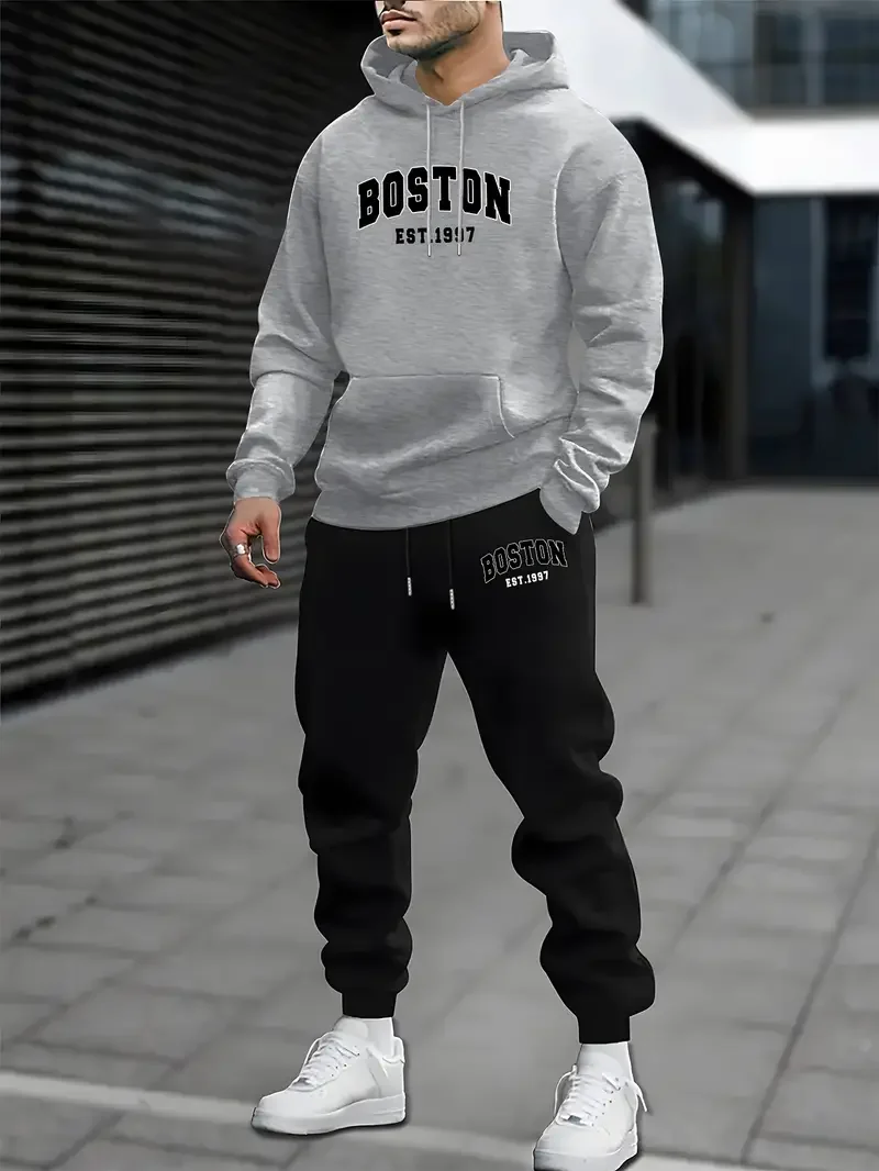 Men's Velvet Thickened Sports Set New York Letter Printed Spring and Autumn Hoodie Set Long Sleeve Casual Comfortable Pocket Hoo