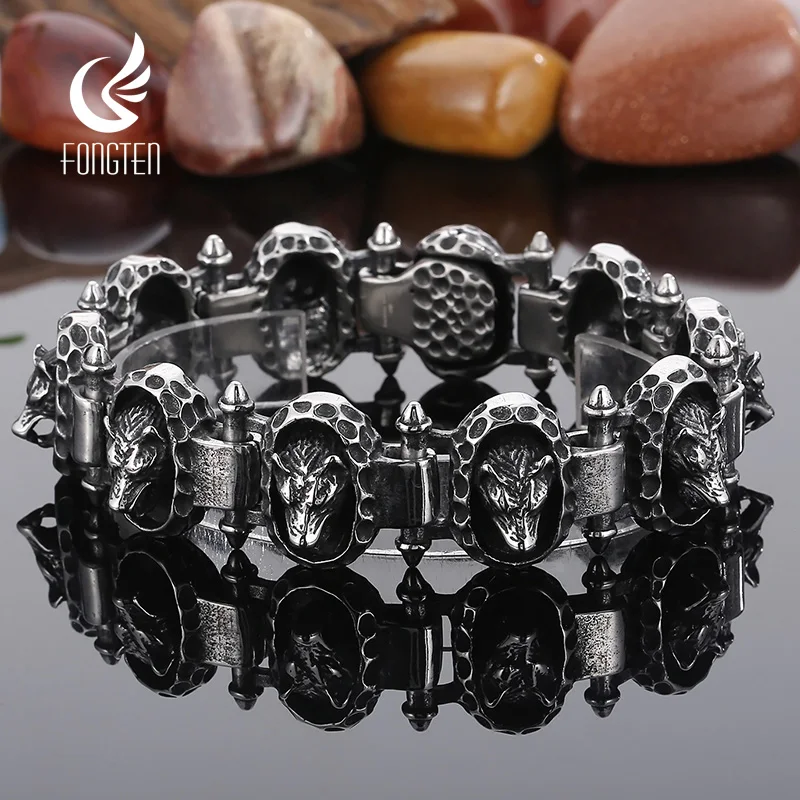 Fongten Punk Bracelets For Men Wolf Head Stainless Steel Link Chain Wristband Bracelets Rotre Male Bangle Animal Jewelry Gifts