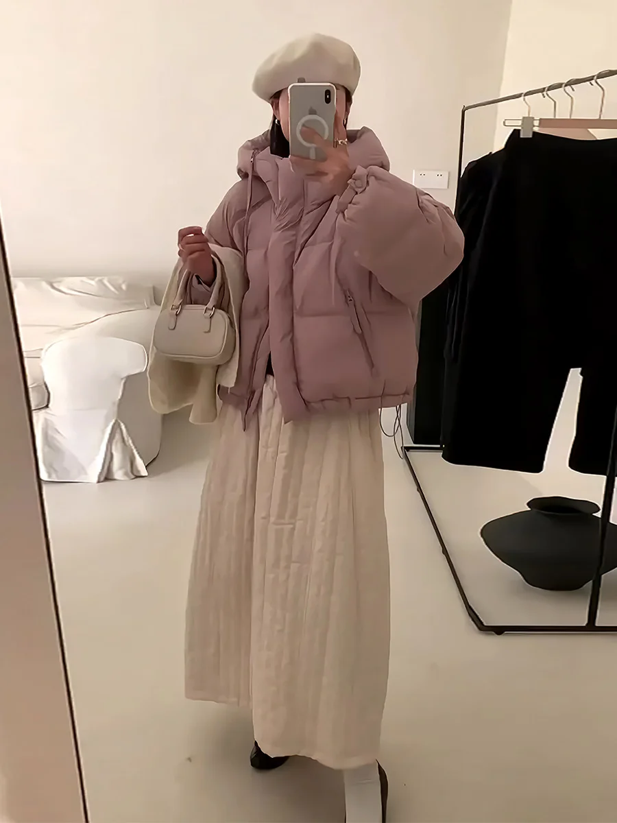 여성용 오트 화이트 다운 재킷 겨울 따뜻한 단색 모자 디자인 패셔너블 아우터웨어 출퇴근용 슬림 코트