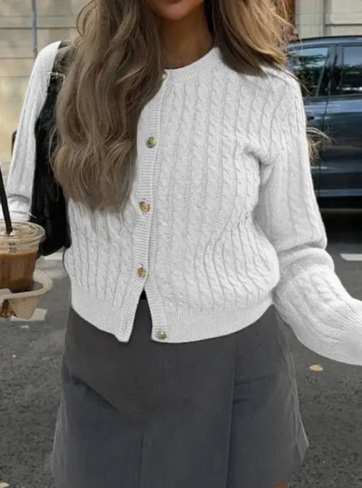 

Осень 2023, однотонная однобортная вязаная куртка с круглым вырезом для женщин, повседневная, простая и модная короткая вязаная куртка