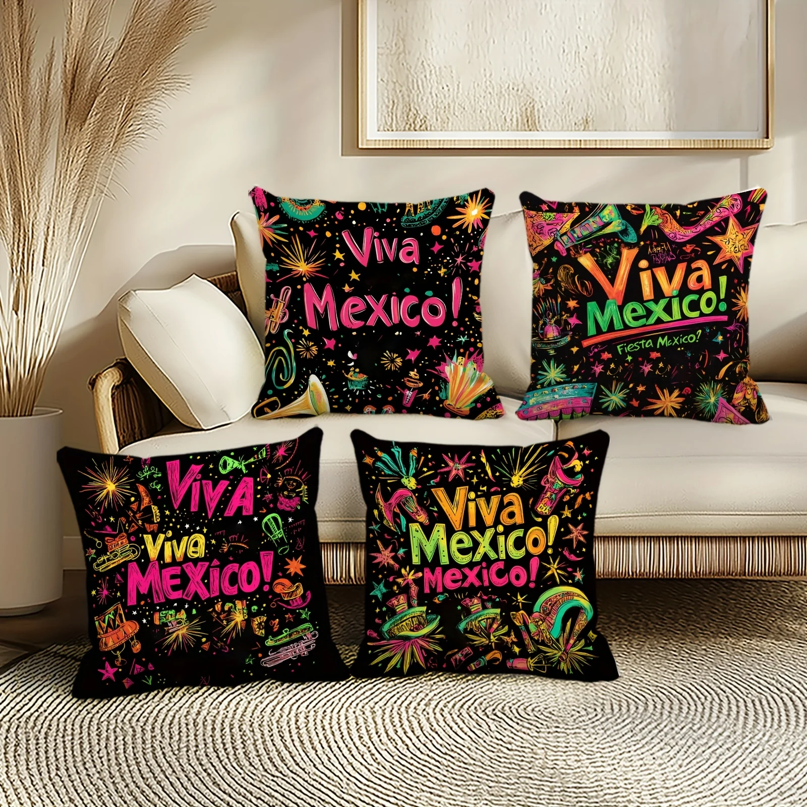 Vibrant Viva Mexico Fiesta Pillow Cover Set 4pcs Square Accent Cushion Home Decor Mexican Theme Pillowcase 45x45cm