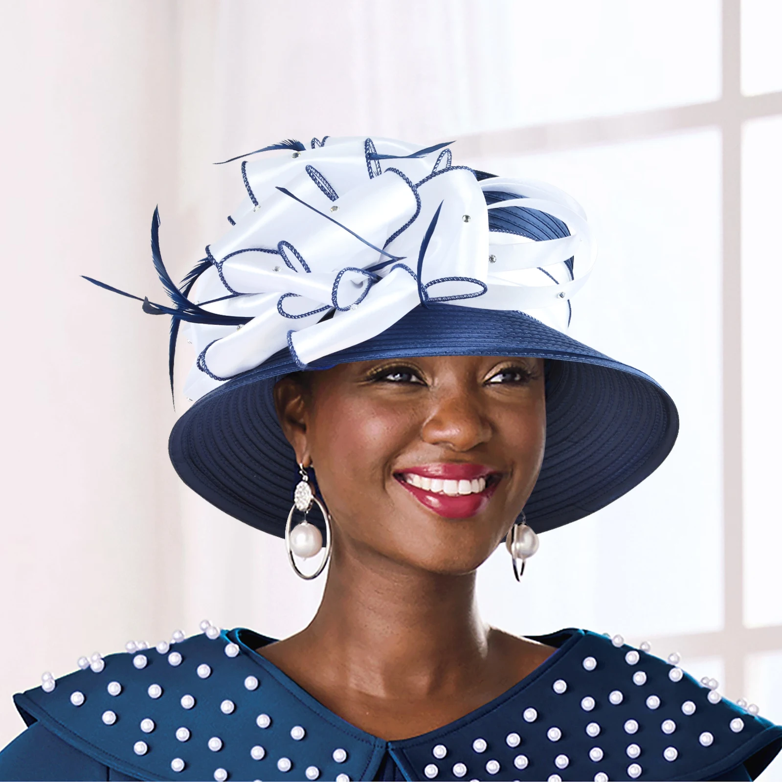 New Elegant Satin Braid Church Hat for Women with Detachable Fascinator – Wide Brim Derby Wedding Tea Party Hat Navy White