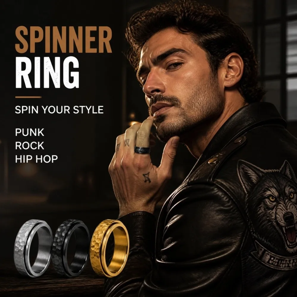 Hammered Moonpits Spinner Ring Rotating Anti-Stress Meteorite Ring Vintage Punk Reducing Pressure Stainless Steel Ring Gift