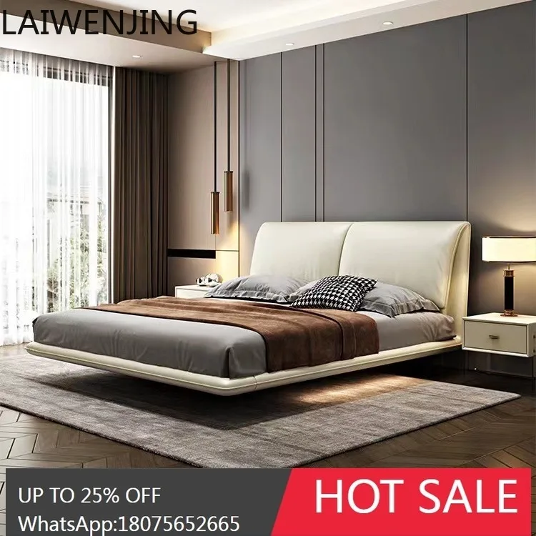 HLZ Italian Minimalist Genuine Leather Floating Bed Master Bedroom Soft Upholstered Double Bed Home Use All Solid Wood