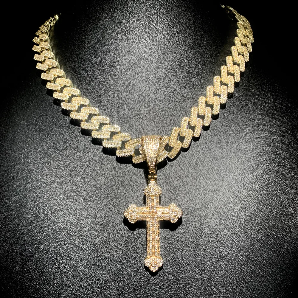 Iced Out Cross Necklace for Men Women Bling Silver Color Cubic Zirconia Charm With 15MM Cuban Link Chain Hip Hop Jewelry
