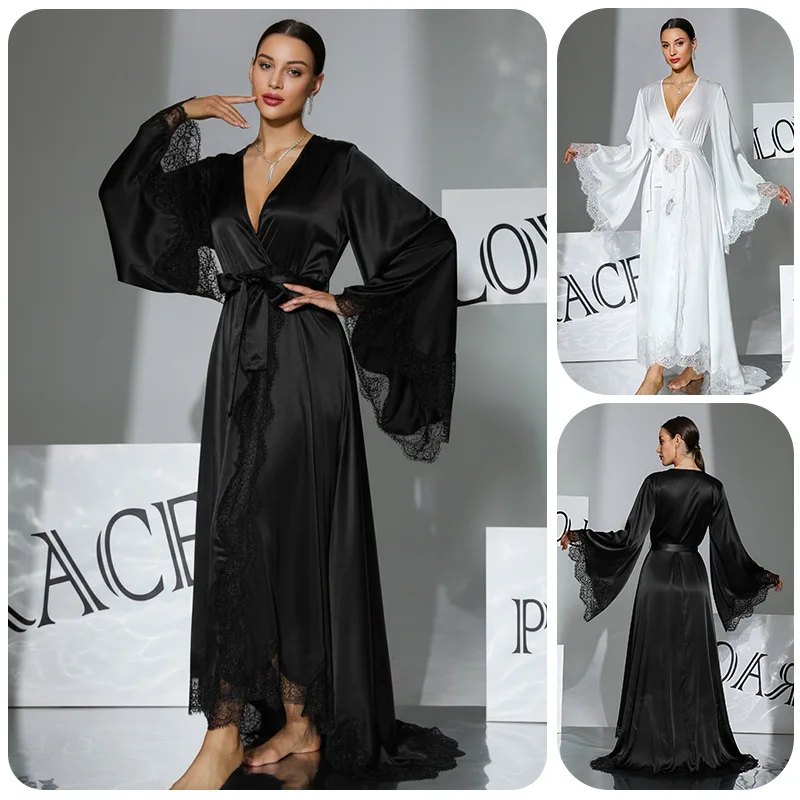 French Lace Splicing Large Horn Sleeve Nightgown Long Satin Lace-up Bathrobe Women's Cw49871