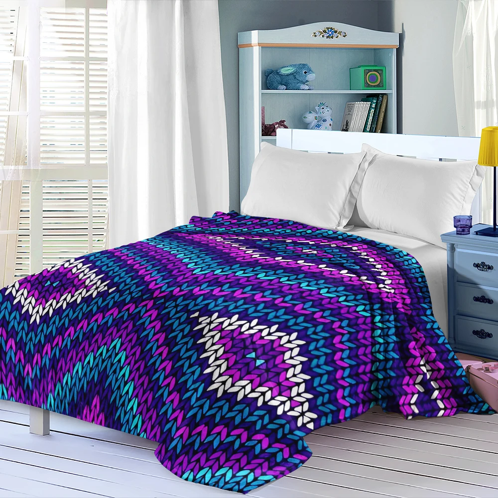 Blue Purple Knit Fair Isle Lightweight Flannel Blanket Breathable Cozy Throw Blanket for Spring Summer Sofa Bed Air Conditioning