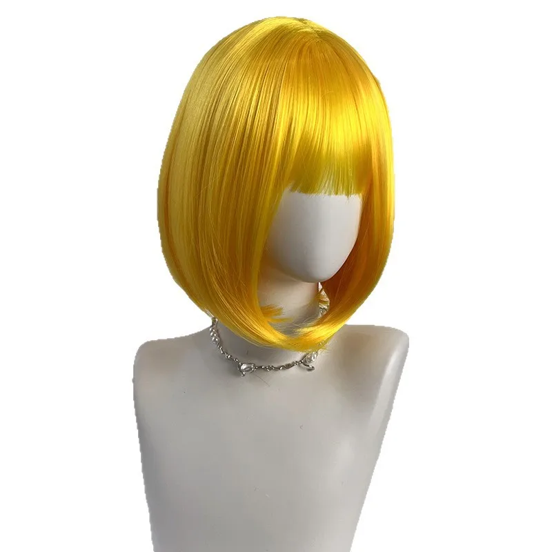 Image 6: Perruque courte pour femme, style bob jaune citron, perruque synthétique droite fabriquée à la machine pour cosplay d'Halloween