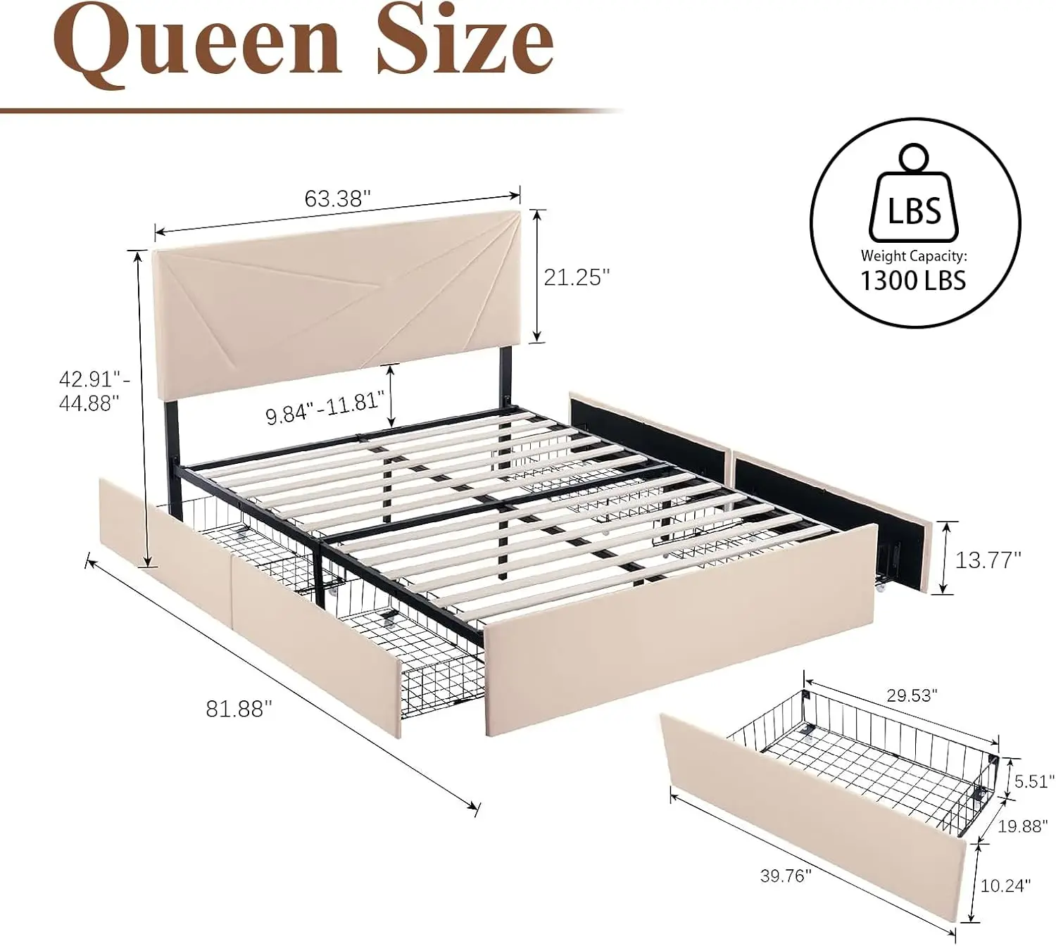 Queen Size Bed Frame with 4 Drawers and Adjustable Headboard,Upholstered Platform Bed with Type-C & USB Port Charging