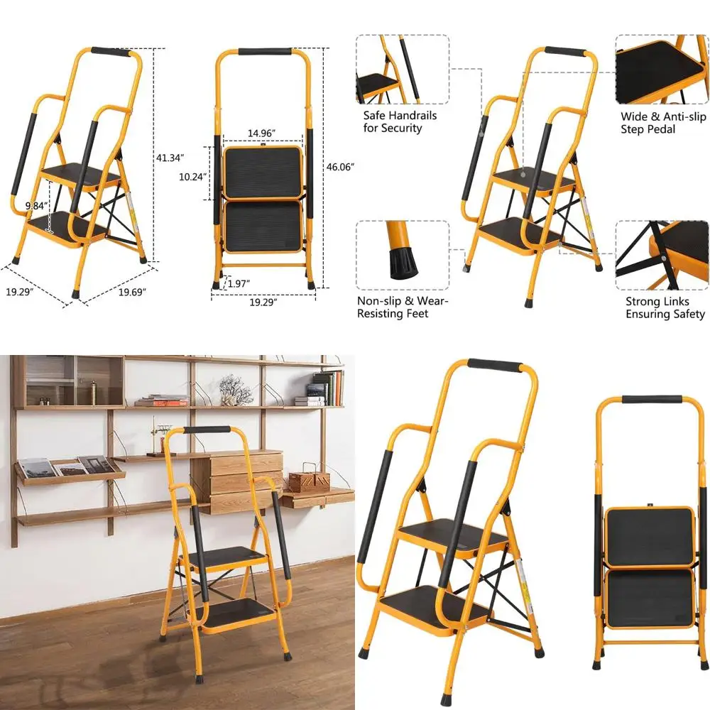 

2 Step Ladder with Handrails, 500LBS olding Step Stool, w/Non-Slip Side Armrests Large Pedal Area, Multi-use or Home Kitchen Pan
