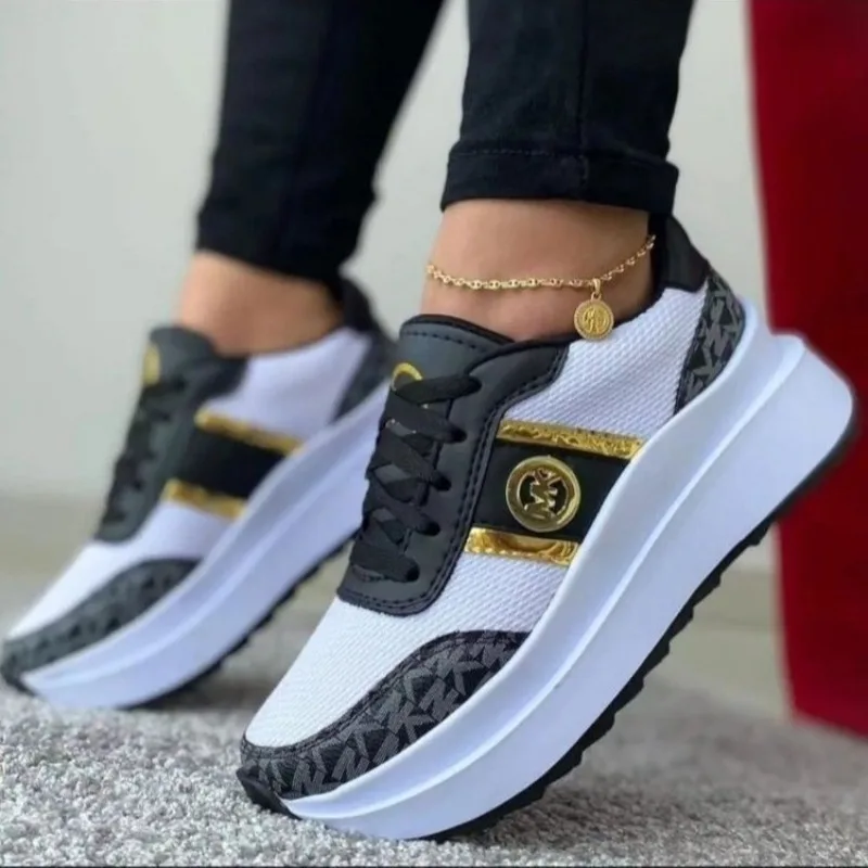 Zapatos informales de moda de nuevo estilo para mujer, zapatos vulcanizados de suela plana con cordones a juego, tenis para correr, zapatos de suela gruesa
