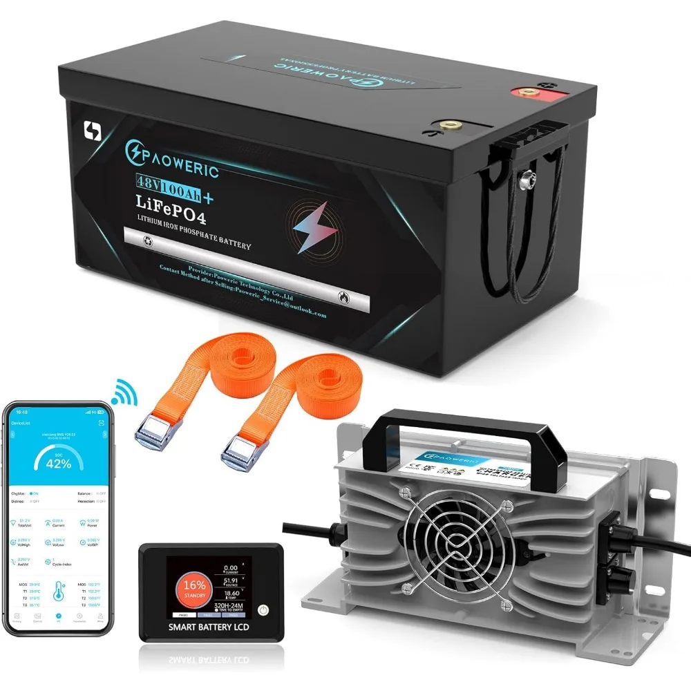 

48V 100Ah LiFePO4 Lithium Golf Cart Battery with Charger, Built-in Smart 200A BMS, with LCD Monitor and APP, Max.10.24KW