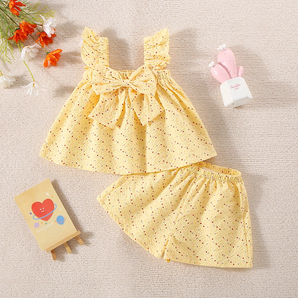 Summer Hot Selling Little Girl Flying Sleeve Long Bow Skirt Shorts Two Piece Set Korean Version Baby Girl Western Style Love Set