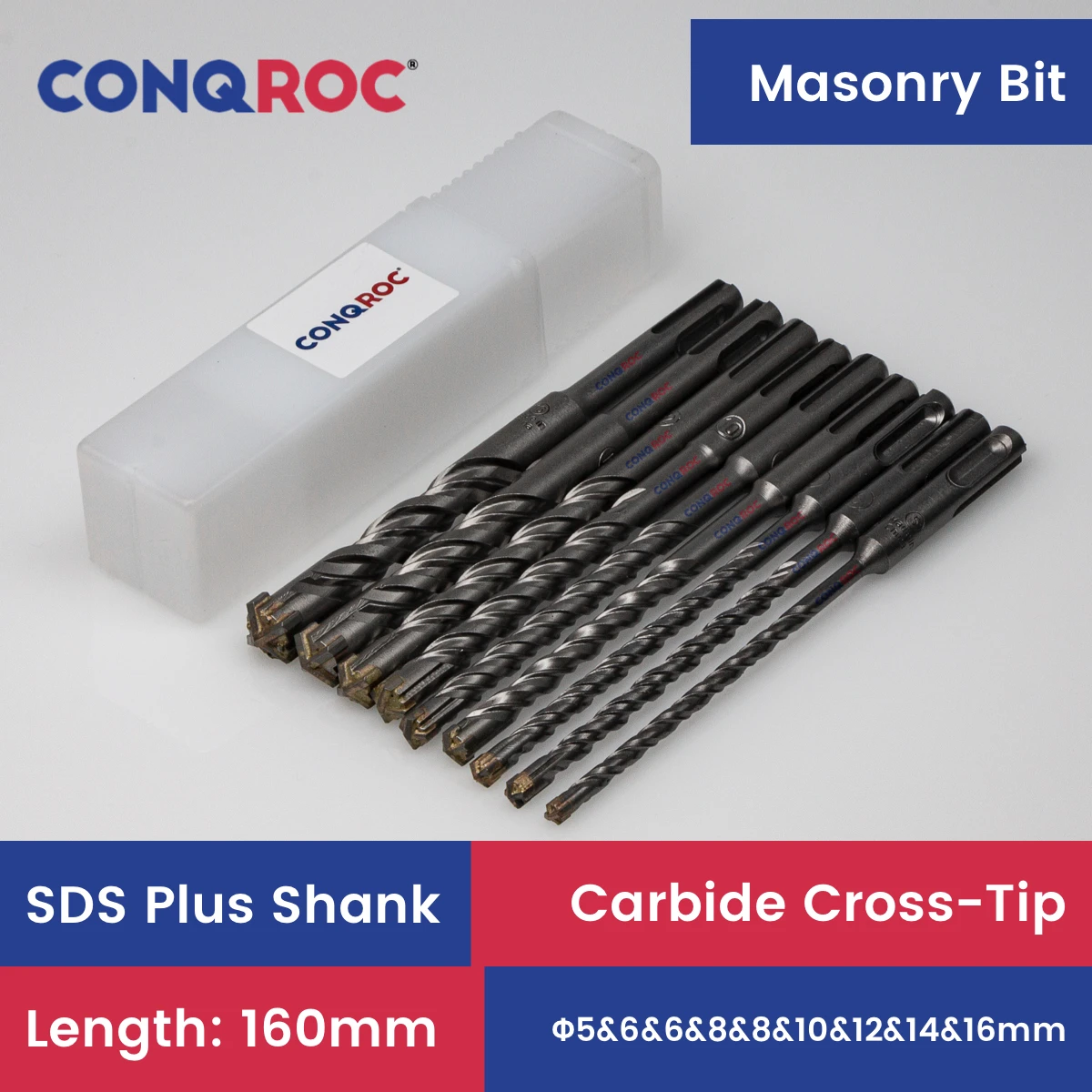 Masonry Drill Bits Set SDS Plus Shank Carbide-Cross-Tip Length-160mm 9-Piece Diameter-5&6&6&8&8&10&12&14&16mm