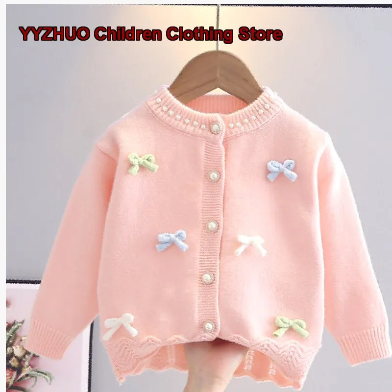 Girls Bowknot Cardigan White Three-Dimensional Bow Outerwear Stylish Knit Top