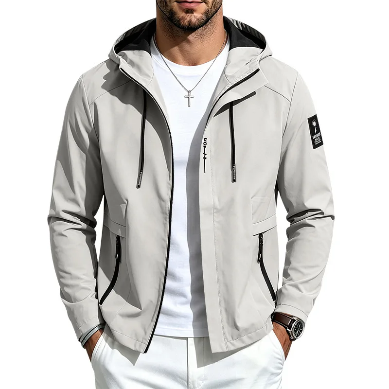 Men Hooded Windbreaker Jacket Long Sleeve Zipper Drawstring Casual Work Outerwear Coat Pocket Hiking Solid Splice Y2k Streetwear