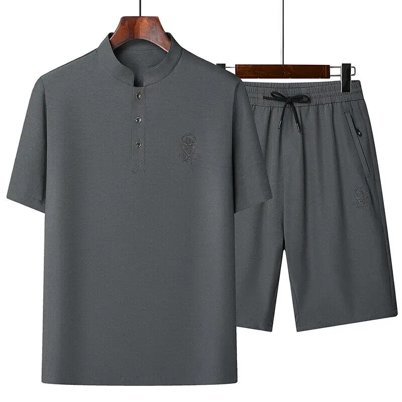 

2025 Summer Ice Silk Stretch T-shirt 2 Piece Set Men's Retro Stand Up Collar Casual T-shirt+pants Sets Social Men Clothing