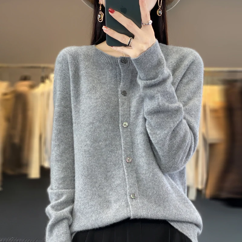 Women 100% Merino Wool Sweater New Round Collar Solid Color Knitted Cardigan Autumn Winter Casual Soft Jacket Bottoming Slim Top