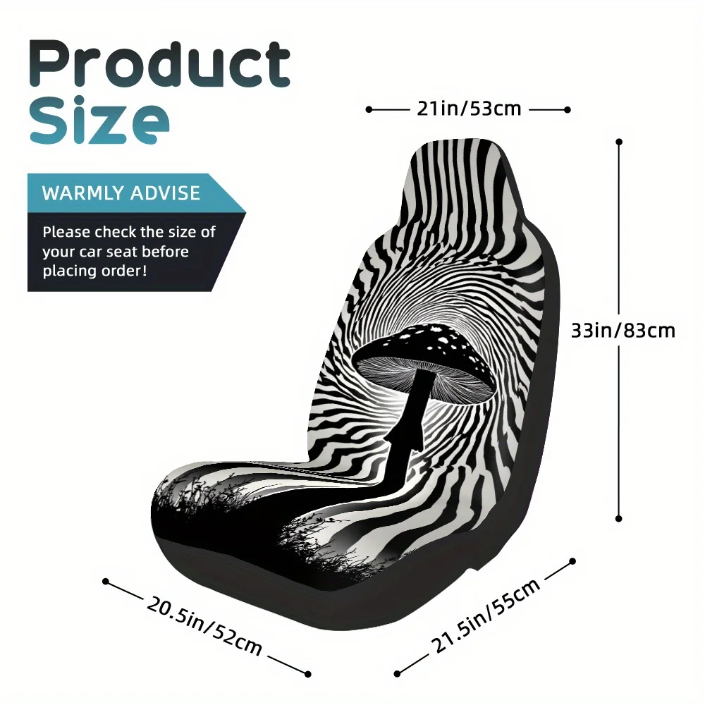 Set Of 2, Contemporary Mushroom Optical Illusion Black And White Seat Covers For Front Seats, Universally Compatible, Ensures Dr