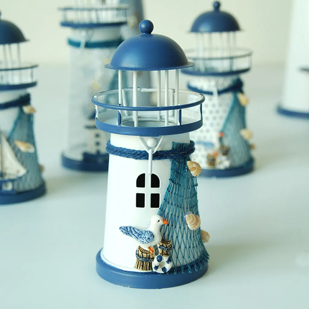 Mediterranean Lighthouse Iron Candlestick Blue White Home Table Decor Nordic Romantic Modern Home Wedding Xmas Candle Holder