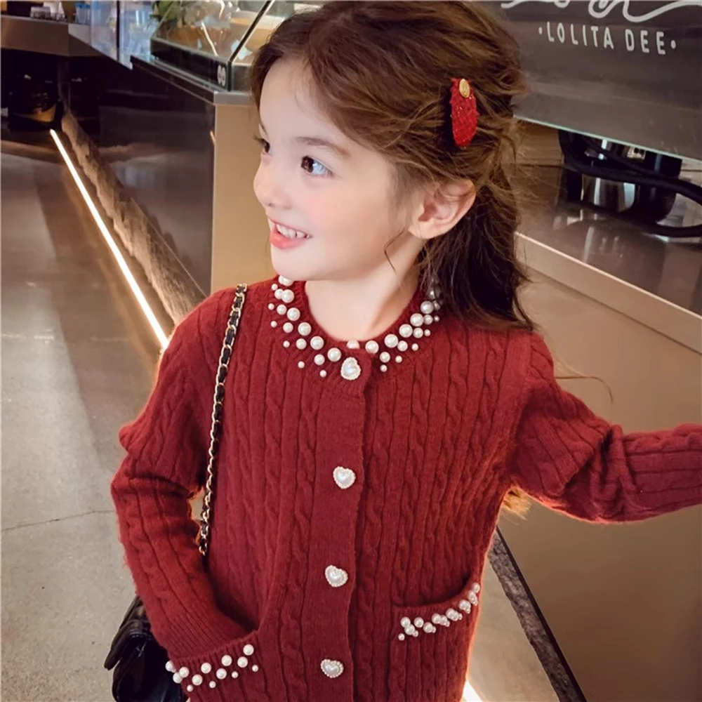 Red Kids Knitted Cardigan Coat for Autumn Winter - French Baby Girls Handmade Pearl Sweater Jacket 2-12 Years Child Clothing