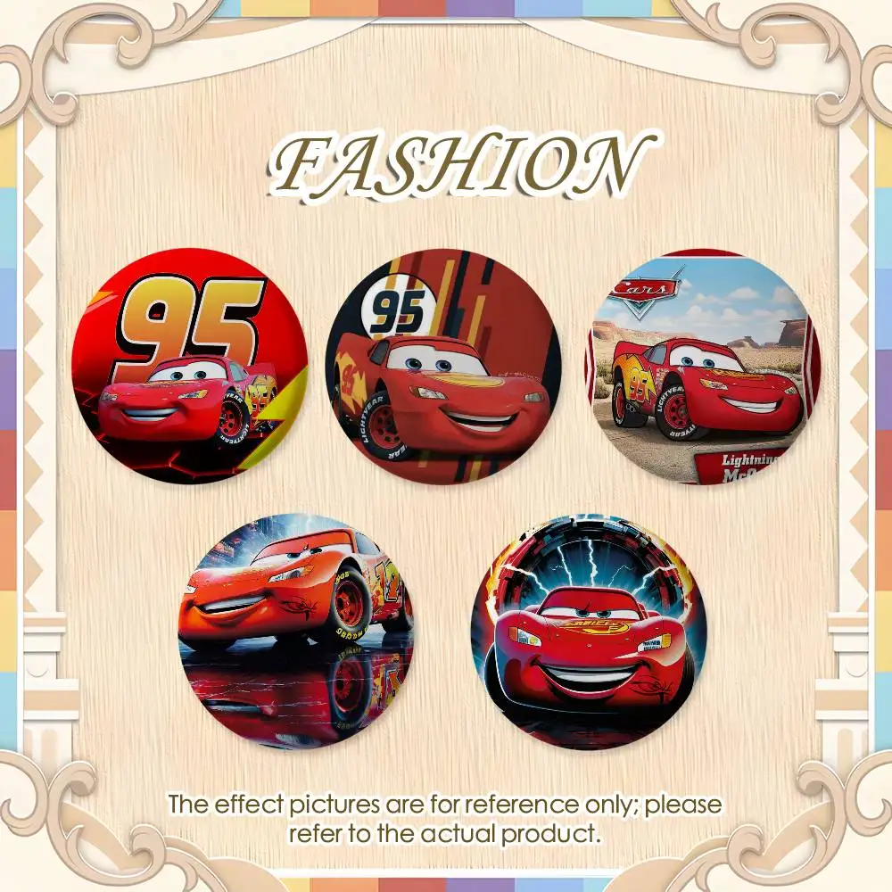 

Car Lightning McQueen 95 Badges Round Exquisite Badge Brooches Creative Pins For Clothes Hat Backpack Gift Accessories