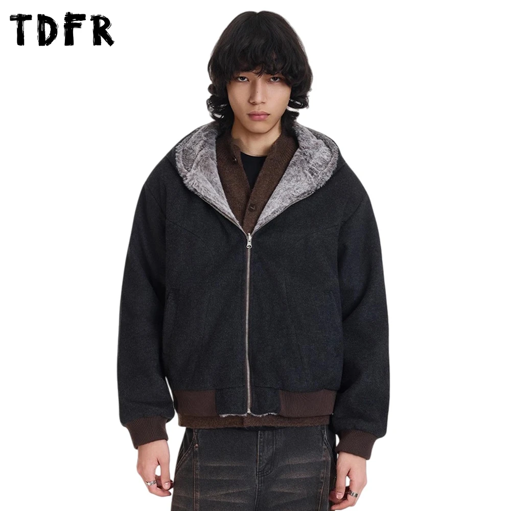

Retro Hooded Double-sided Quilted Jacket Mens Embroidery Winter Thick Casual Loose Long Sleeve Padded Jacket Man Outerwear