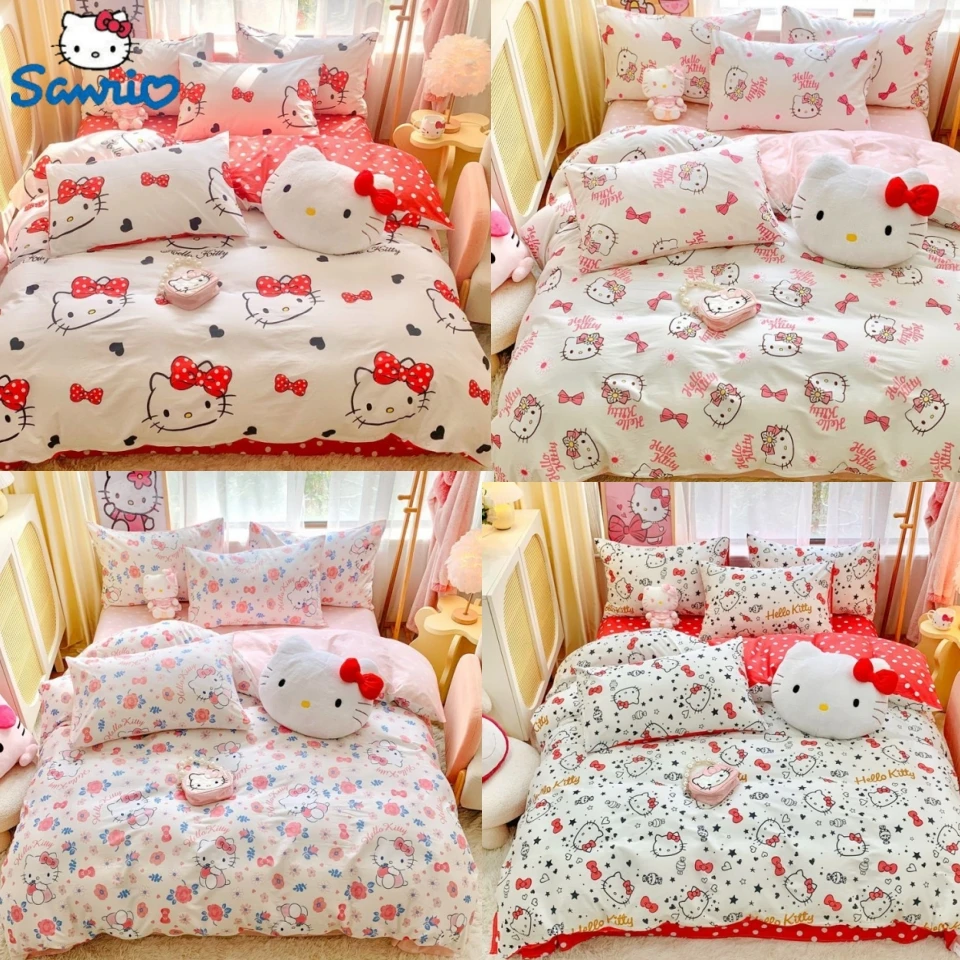 Sanrio Hello Kitty Bedding Set Cute Cotton Four Piece Double Queen Size  Bed Linens Pillowcase Girl Dorm Bedclothes Home