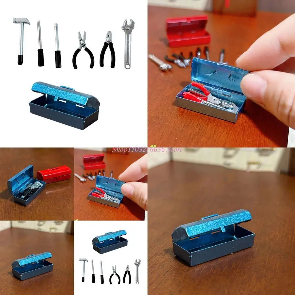 R6FD Simulation Metal Toolbox Set Toolkits For Doll House Scene Display Decoration Kids Pretend Play Skill Development Playset