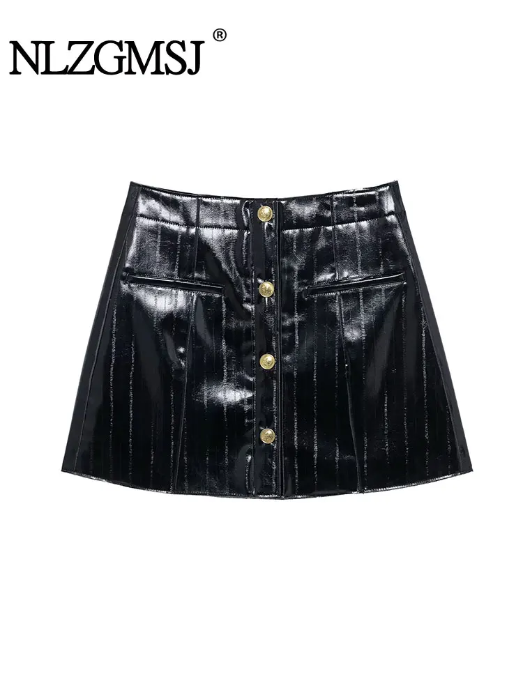

2025 Spring Sexy Chic Women Leather Skirt High-waist Button Pockets Cover Bag Embossed Mini Skirt Fashion Holiday Skirts