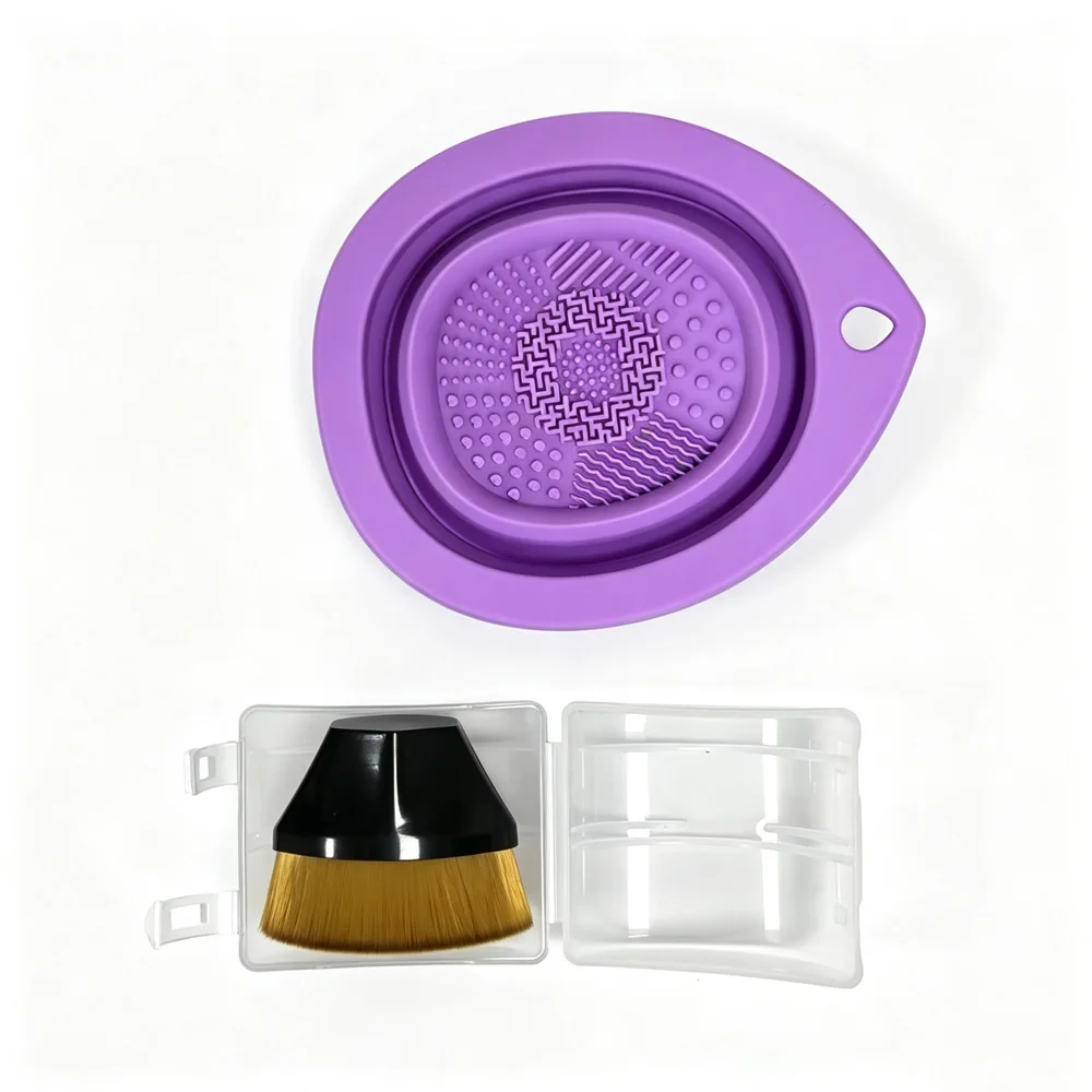 vvocci No-trace Foundation Brush Non-absorbent Silicone Set Makeup Tools Foundation Brush Folding Cleaning Bowl view 4