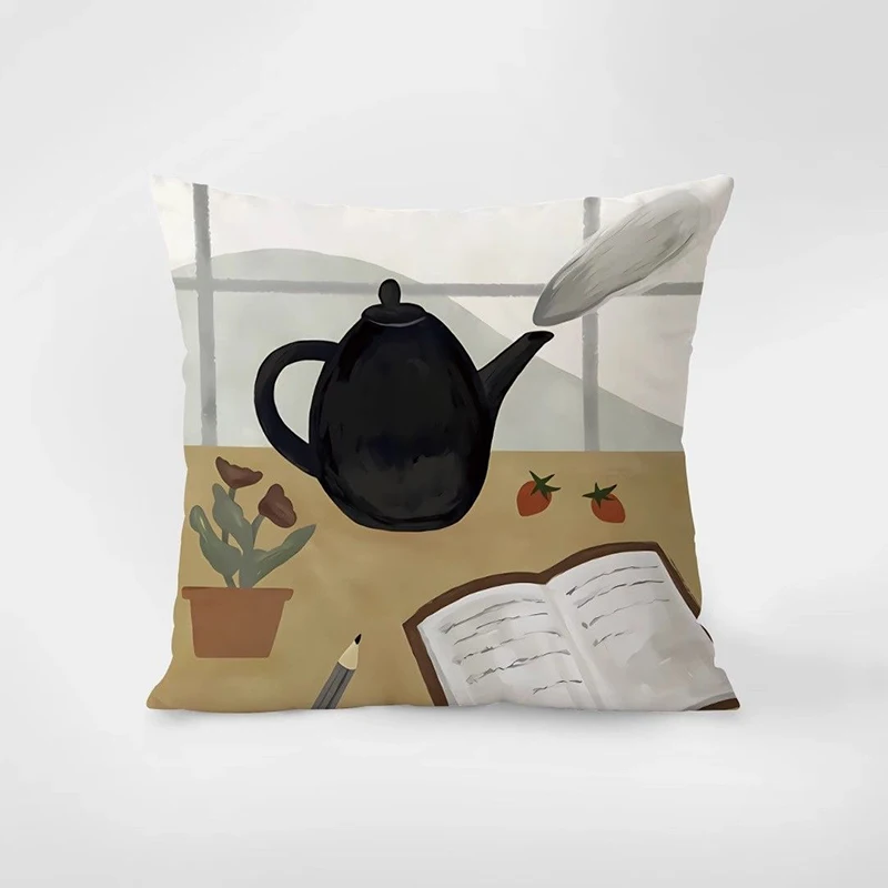 Cozy Desk Scene Throw Pillow Cover, Teapot & Book Pattern Cushion Case for Home Decor