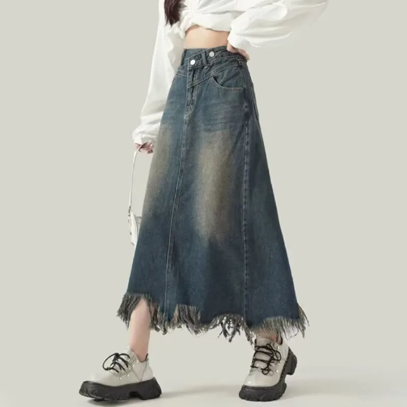 ANJY Autumn New Women Denim Skirt Frayed Hem Distressed High Waisted Slimming A-Line High Street Elegant Trendy Y2K Skirts A9698